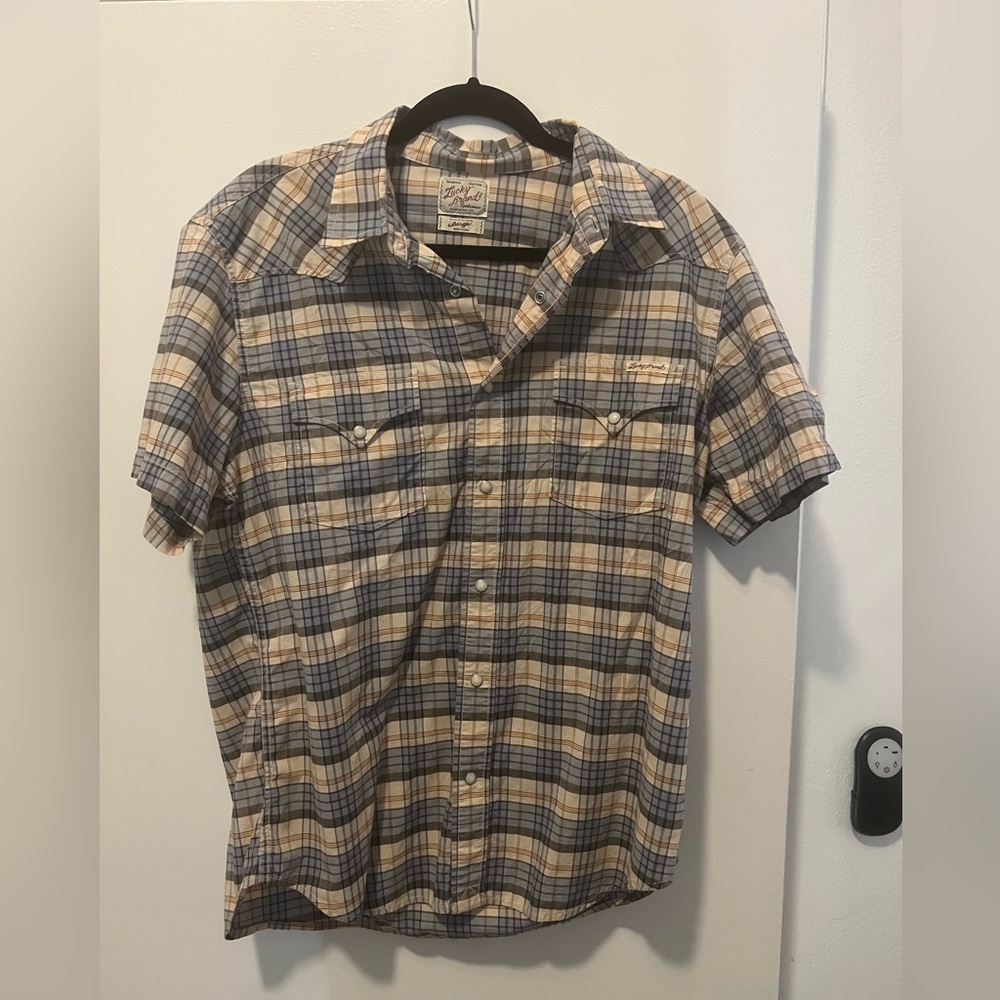 Lucky Brand Western Pearl Snap Shirt Mens L Short Sleeve Plaid